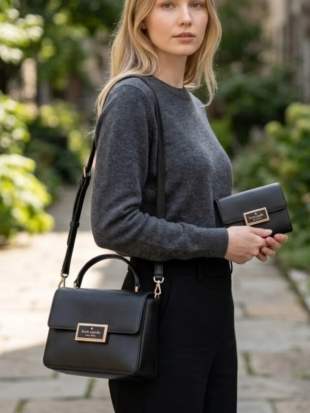 Set Kate Spade ♠️ Black Reegan Small Top Handle Crossbody & Medium Flap Wallet